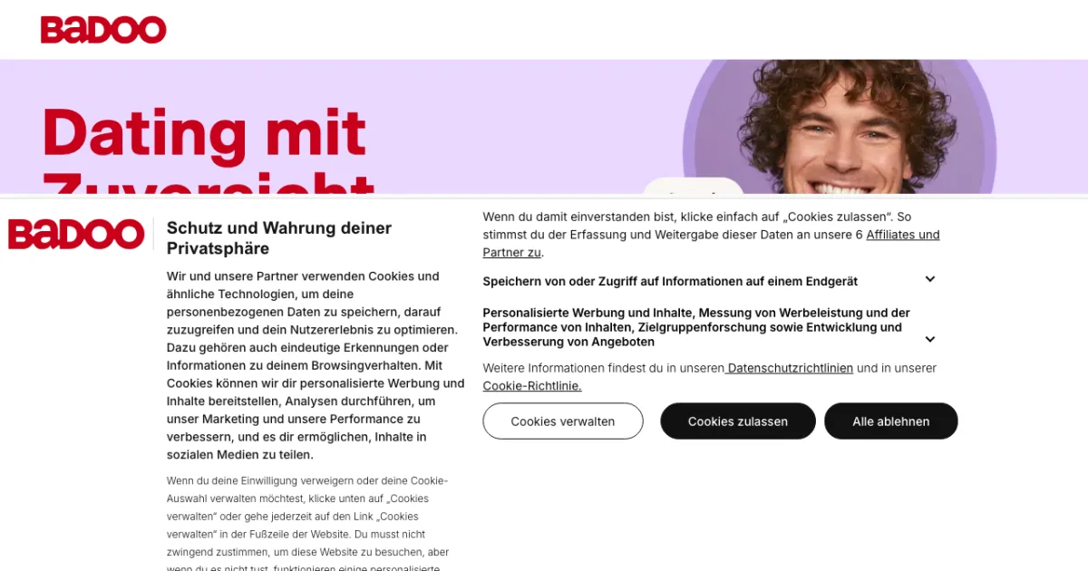 Badoo-Homepage – Screenshot 2026
