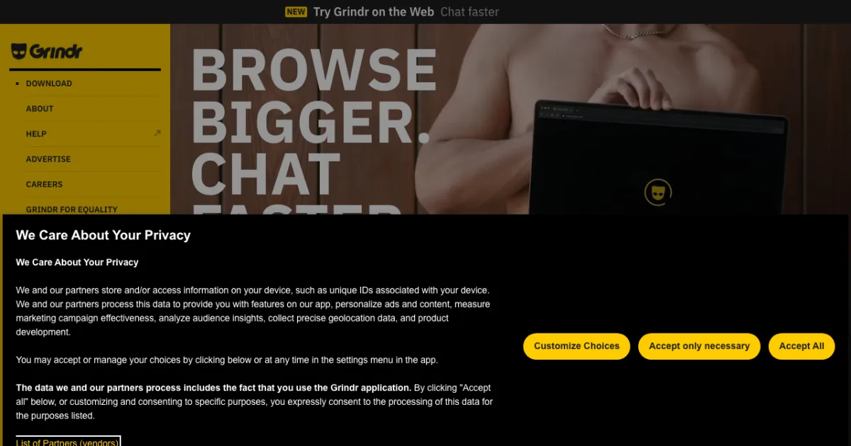 Grindr-Homepage – Screenshot 2026
