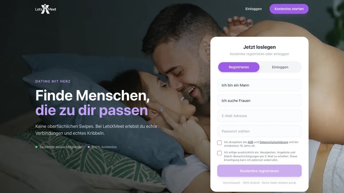 LetsXMeet-Startseite mit Anmeldeformular – Screenshot 2026