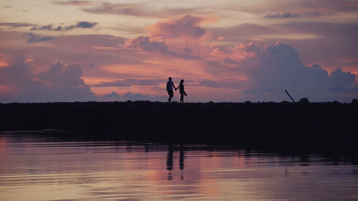 Paar Hand in Hand als Silhouette vor einem rosafarbenen Sonnenuntergang am Wasser