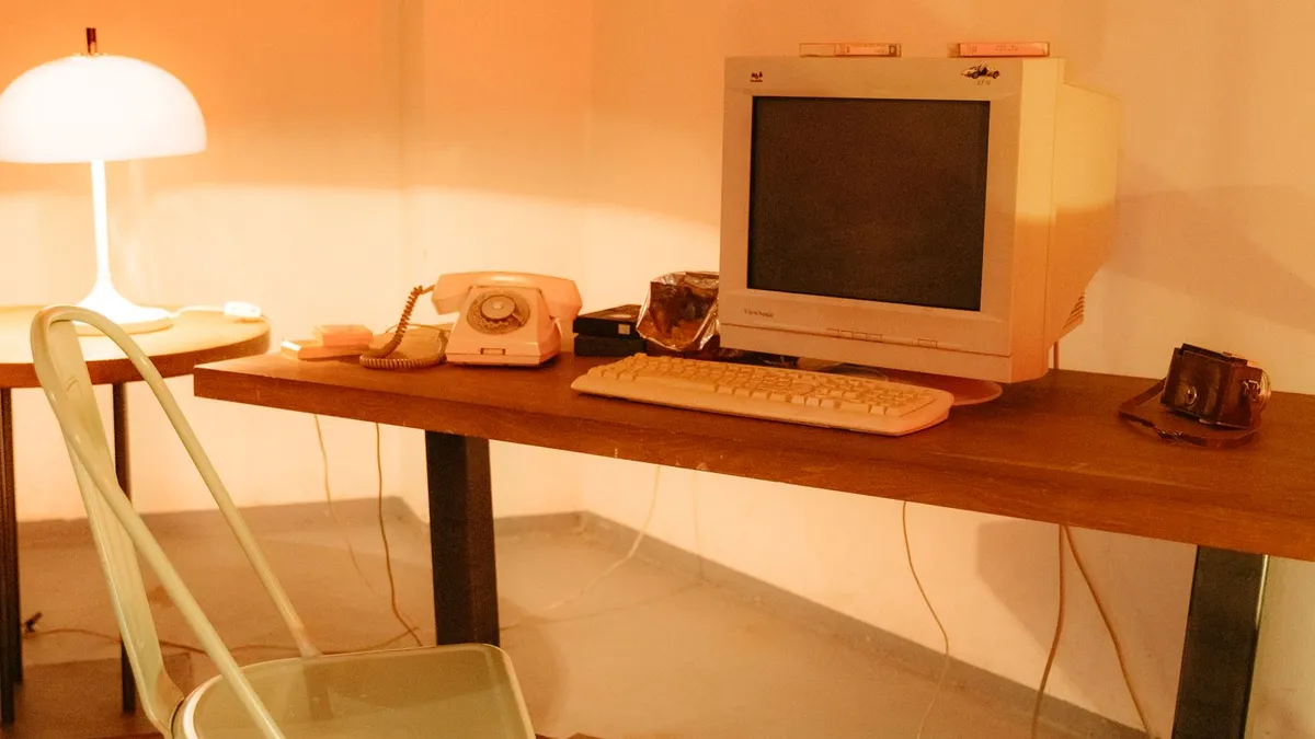 Ein alter Röhrenmonitor mit Tastatur auf einem Holztisch, daneben ein Telefon mit Wählscheibe in warmem Licht