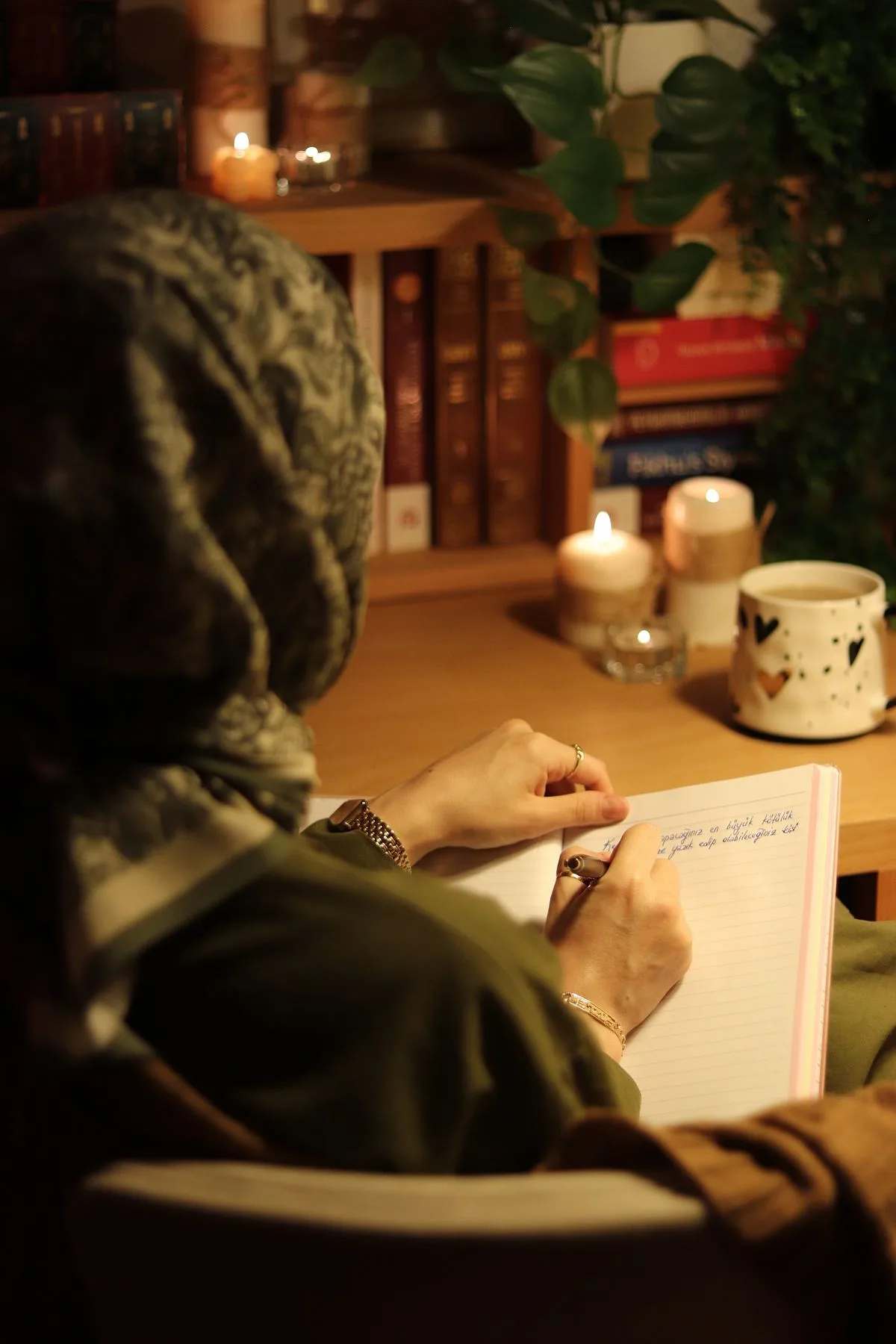 Frau schreibt im warmen Kerzenlicht in ein Notizbuch, umgeben von Kerzen, Büchern und Pflanzen