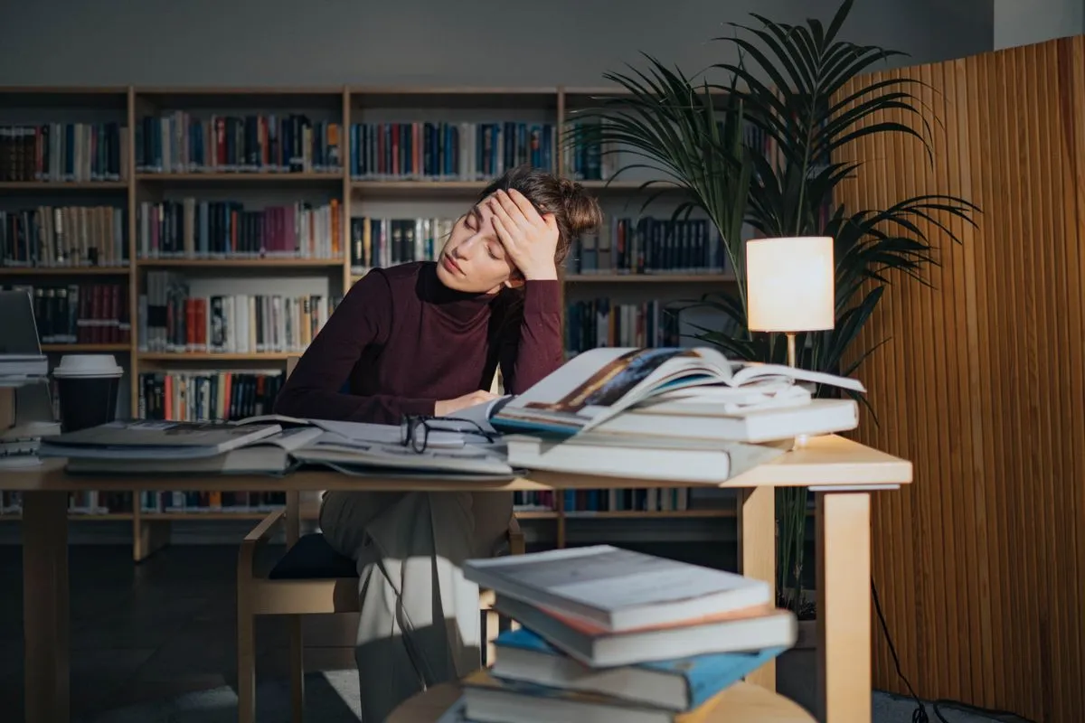 Erschöpfte Studentin sitzt mit der Hand an der Stirn vor Bücherstapeln in einer Bibliothek